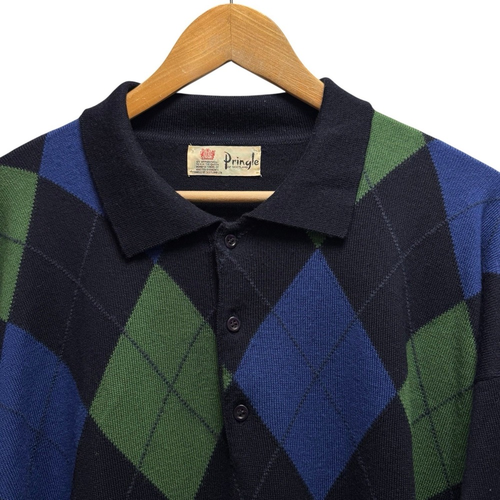 Pringle of Scotland Men's Large Blue/Green Argyle Wool Knit Collared Sweater euc
